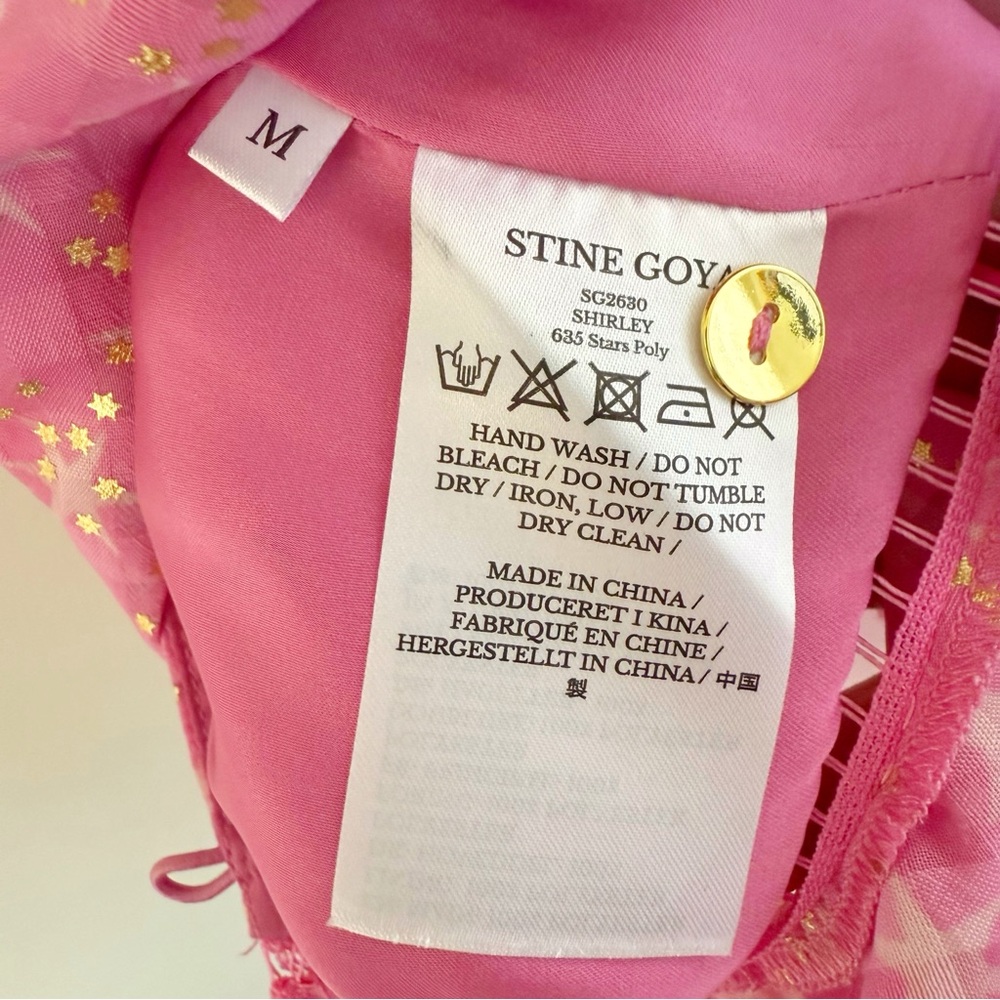 STINE GOYA PINK GOLD STAR PRINT SHIRLEY BACK SLIT OPENING RUFFLE PEPLUM TOP - Picture 8 of 13
